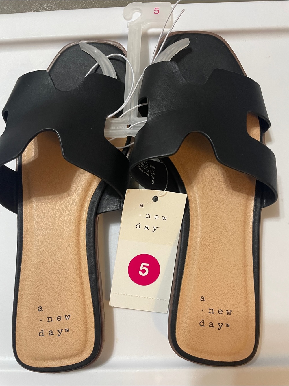 a new day Nina Black Scallop Slide Sandals w Tan Footbed , Women's Sz 5 NWT